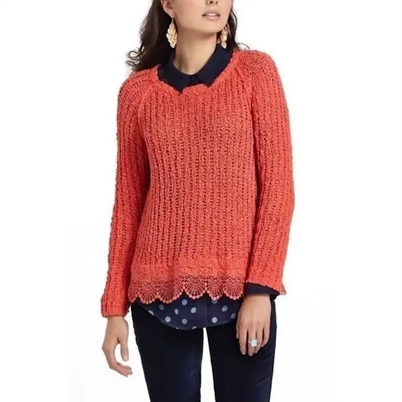 Anthropologie Knitted & Knotted Knit Lace Hem Sweater Coral Orange Size Small - Picture 1 of 9